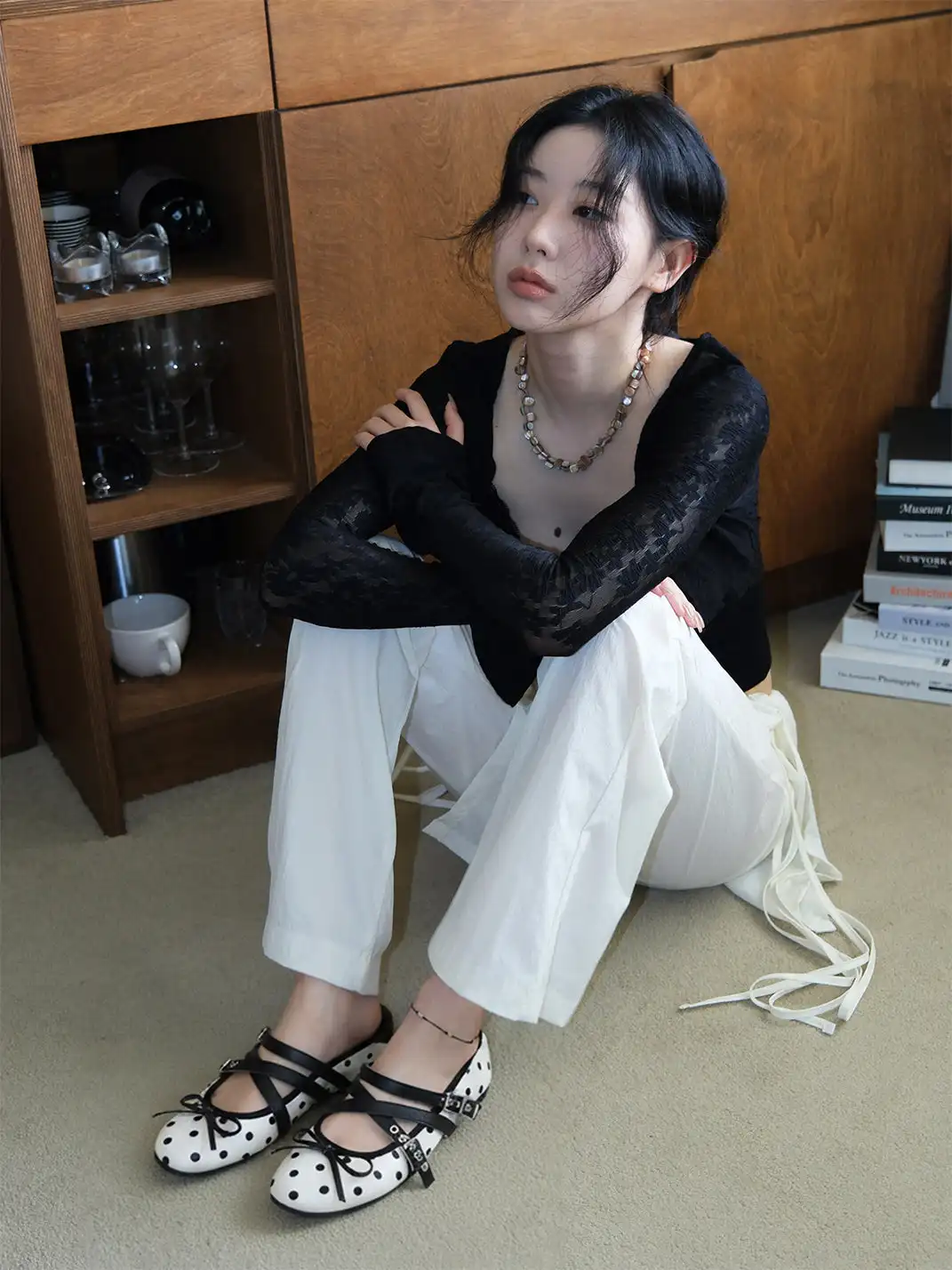 Mooreyu | Leather Round Toe Polka Dot Bow Flats