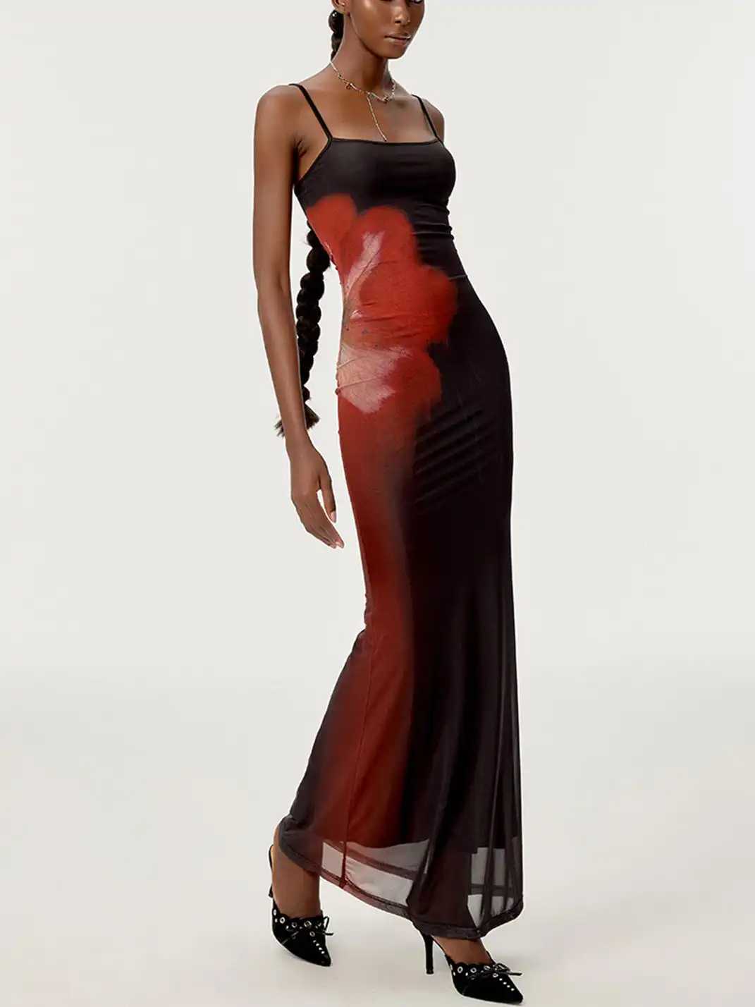 HiimDai | Floral Gradient Waist Fishtail Dress-Black