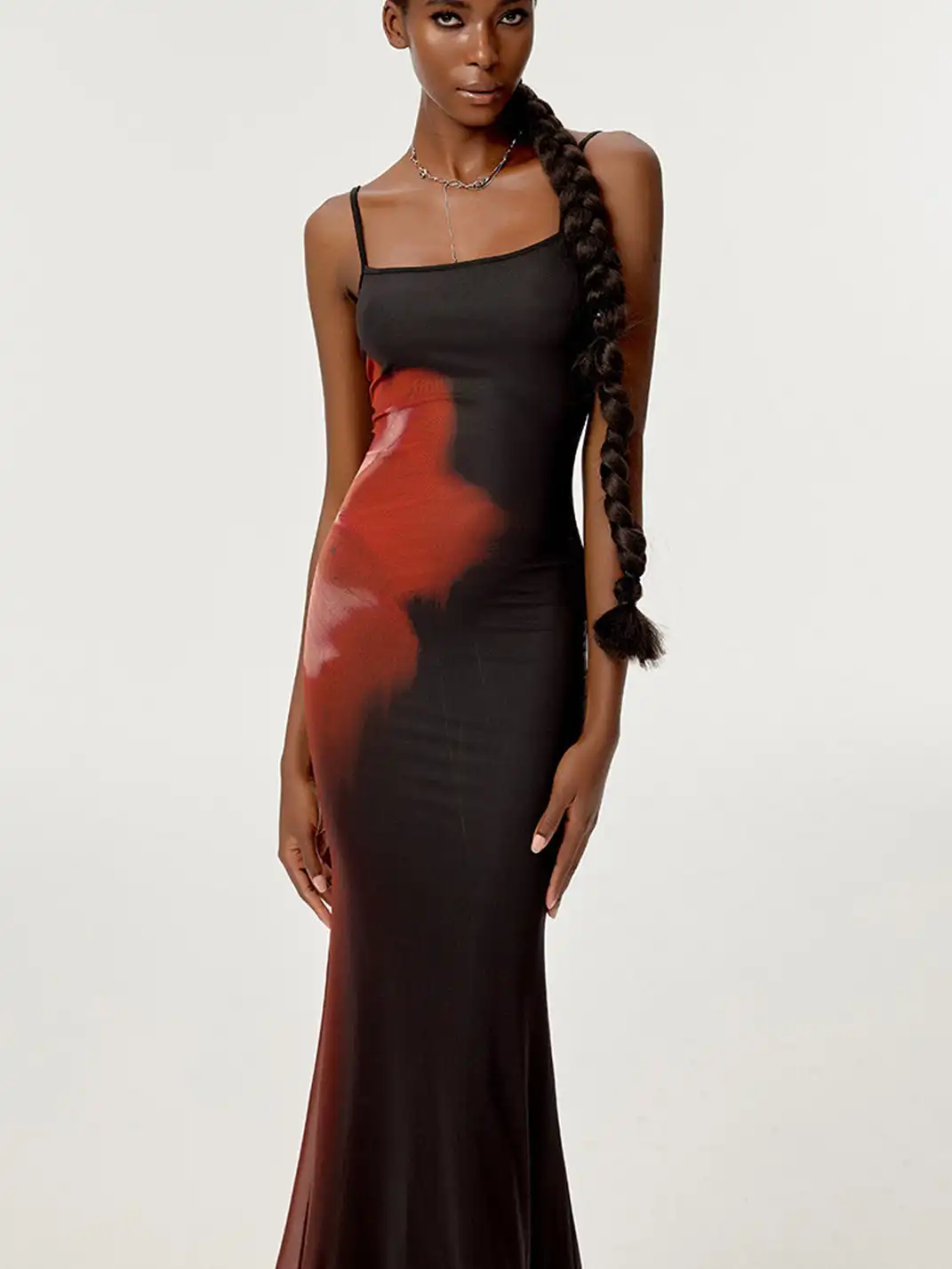 HiimDai | Floral Gradient Waist Fishtail Dress-Black
