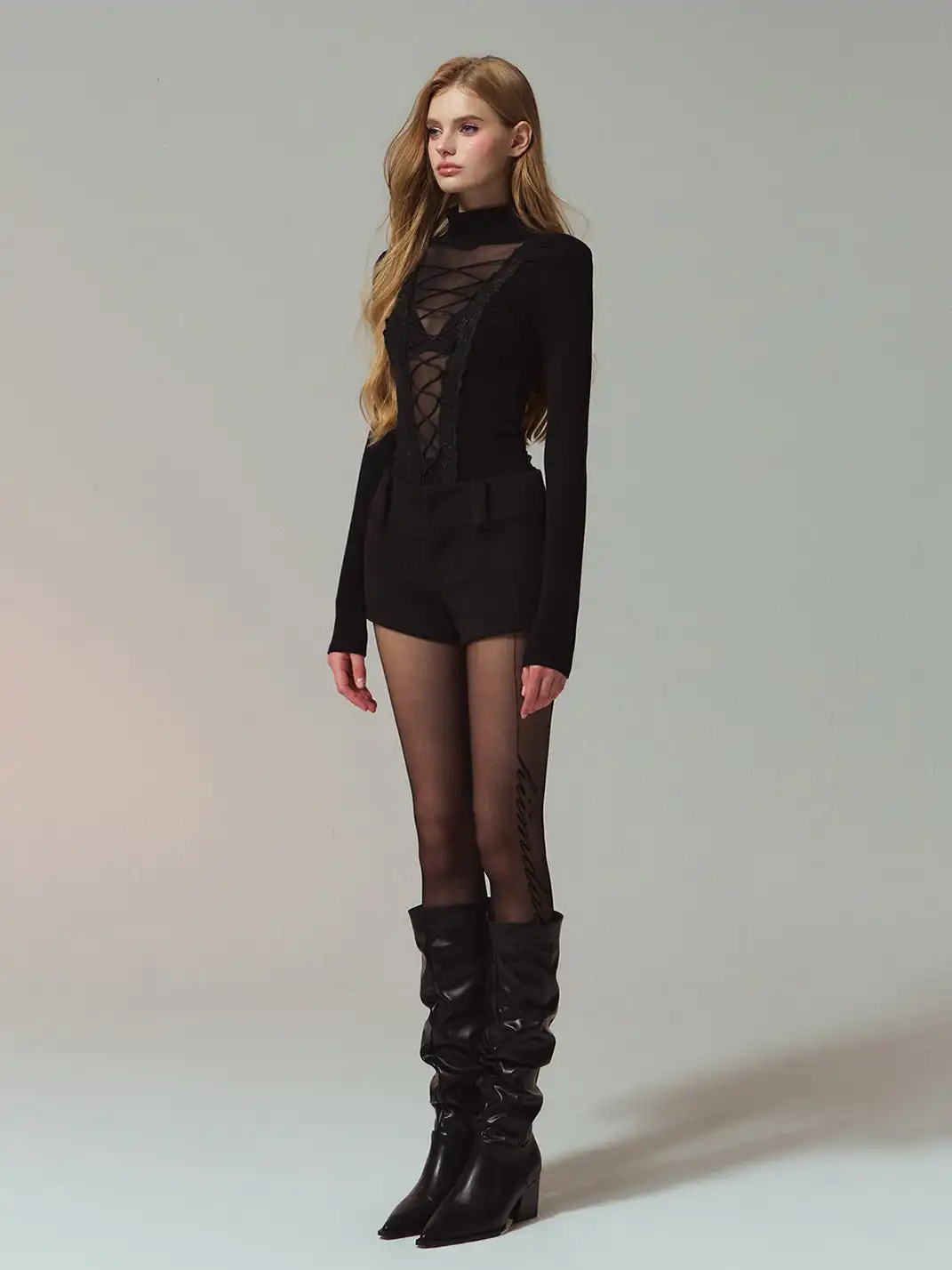 HiimDai | Lace Patchwork Mesh Tie Back Blouse