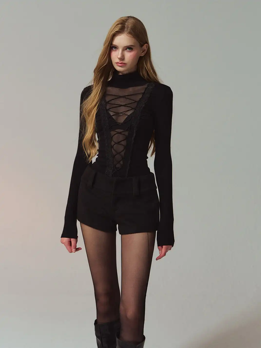 HiimDai | Lace Patchwork Mesh Tie Back Blouse