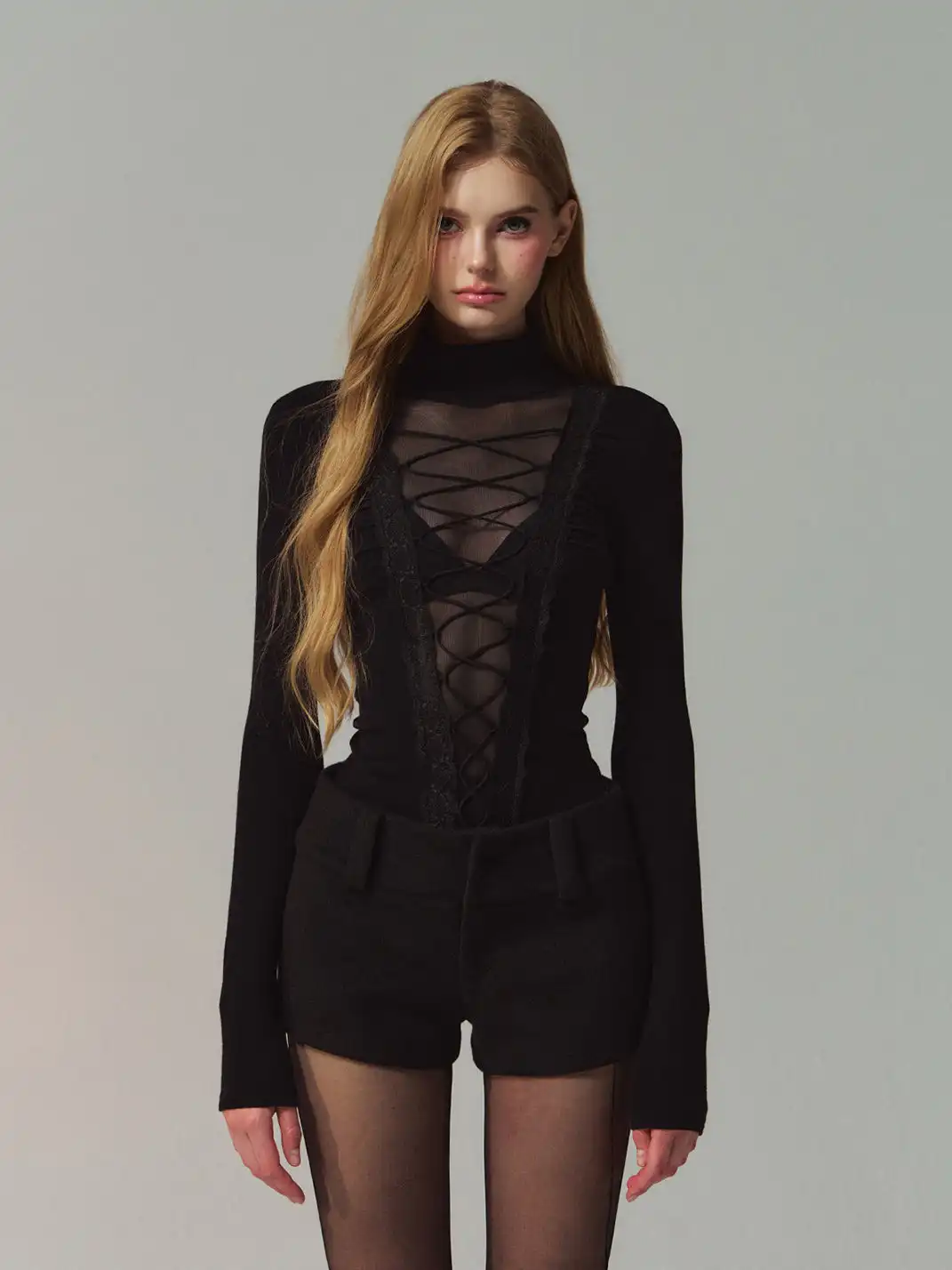 HiimDai | Lace Patchwork Mesh Tie Back Blouse