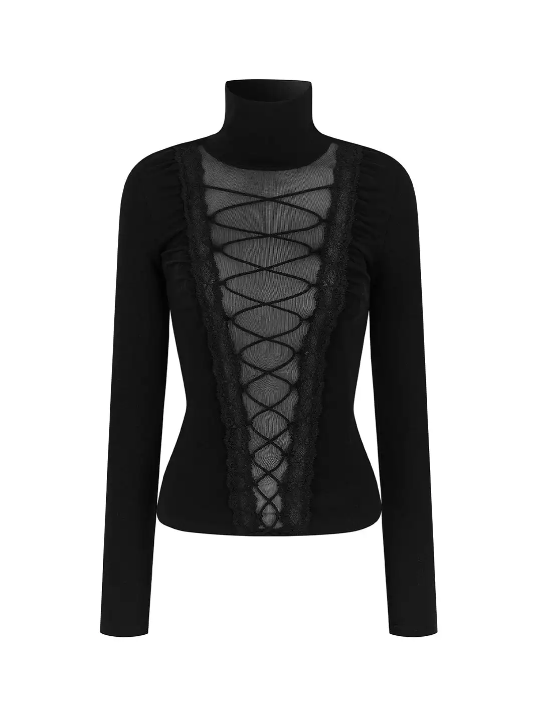 HiimDai | Lace Patchwork Mesh Tie Back Blouse
