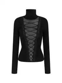 HiimDai | Lace Patchwork Mesh Tie Back Blouse