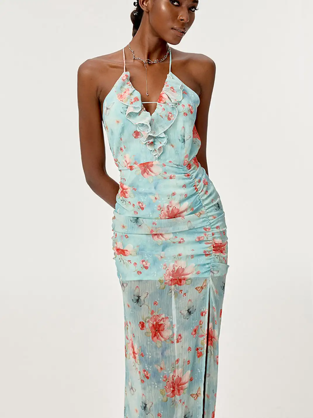 HiimDai | High Slit Waist Floral Print Dress