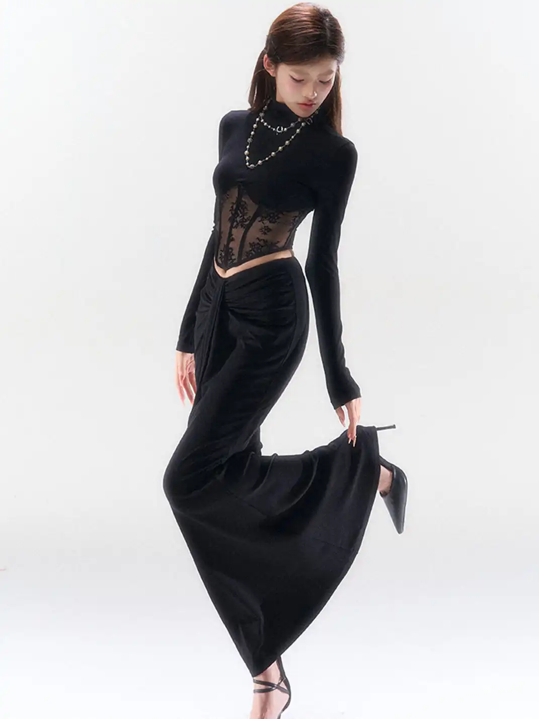HiimDai | Mock Neck Lace Patchwork Fishbone Blouse
