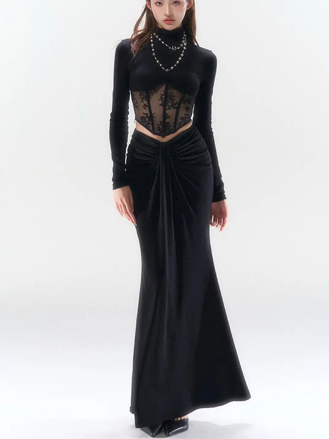 HiimDai | Mock Neck Lace Patchwork Fishbone Blouse