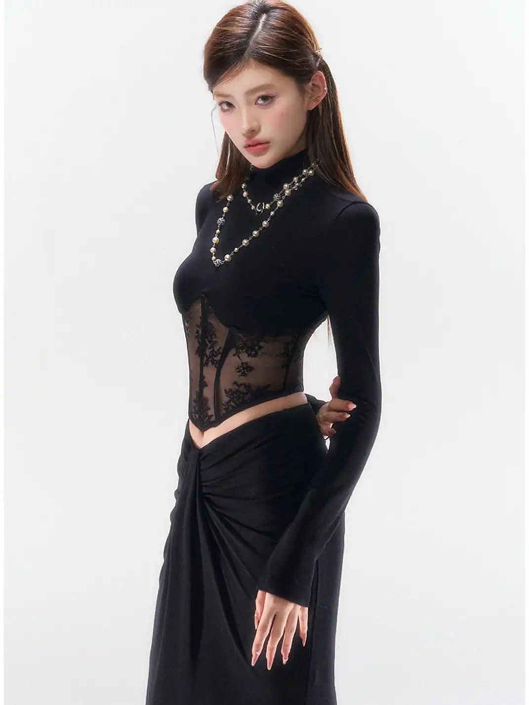 HiimDai | Mock Neck Lace Patchwork Fishbone Blouse