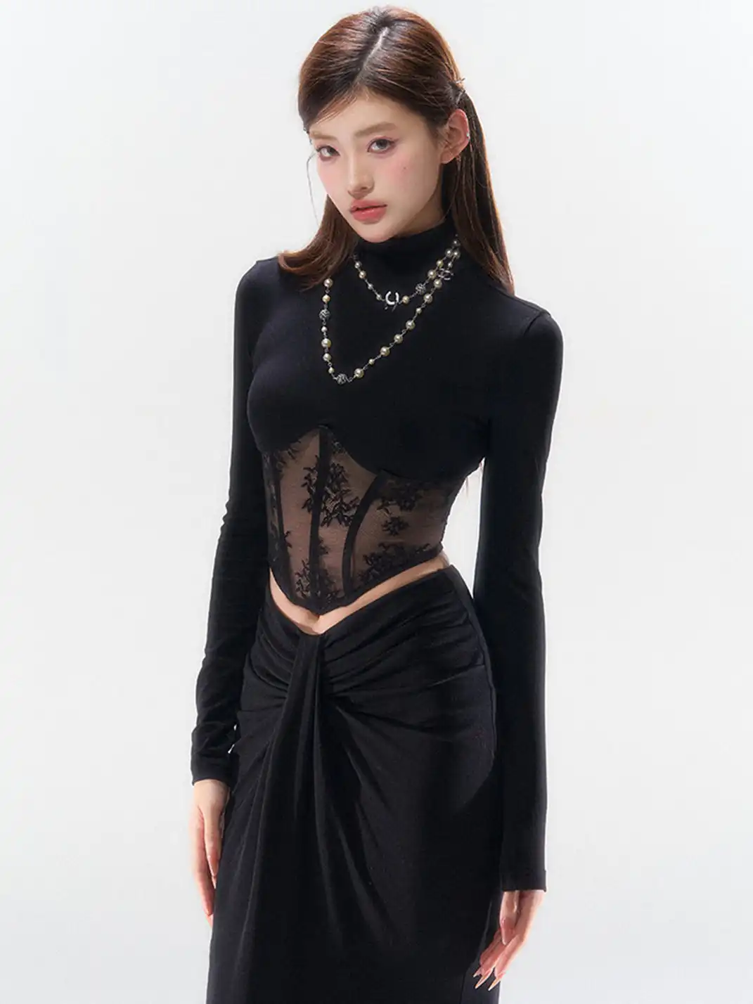 HiimDai | Mock Neck Lace Patchwork Fishbone Blouse