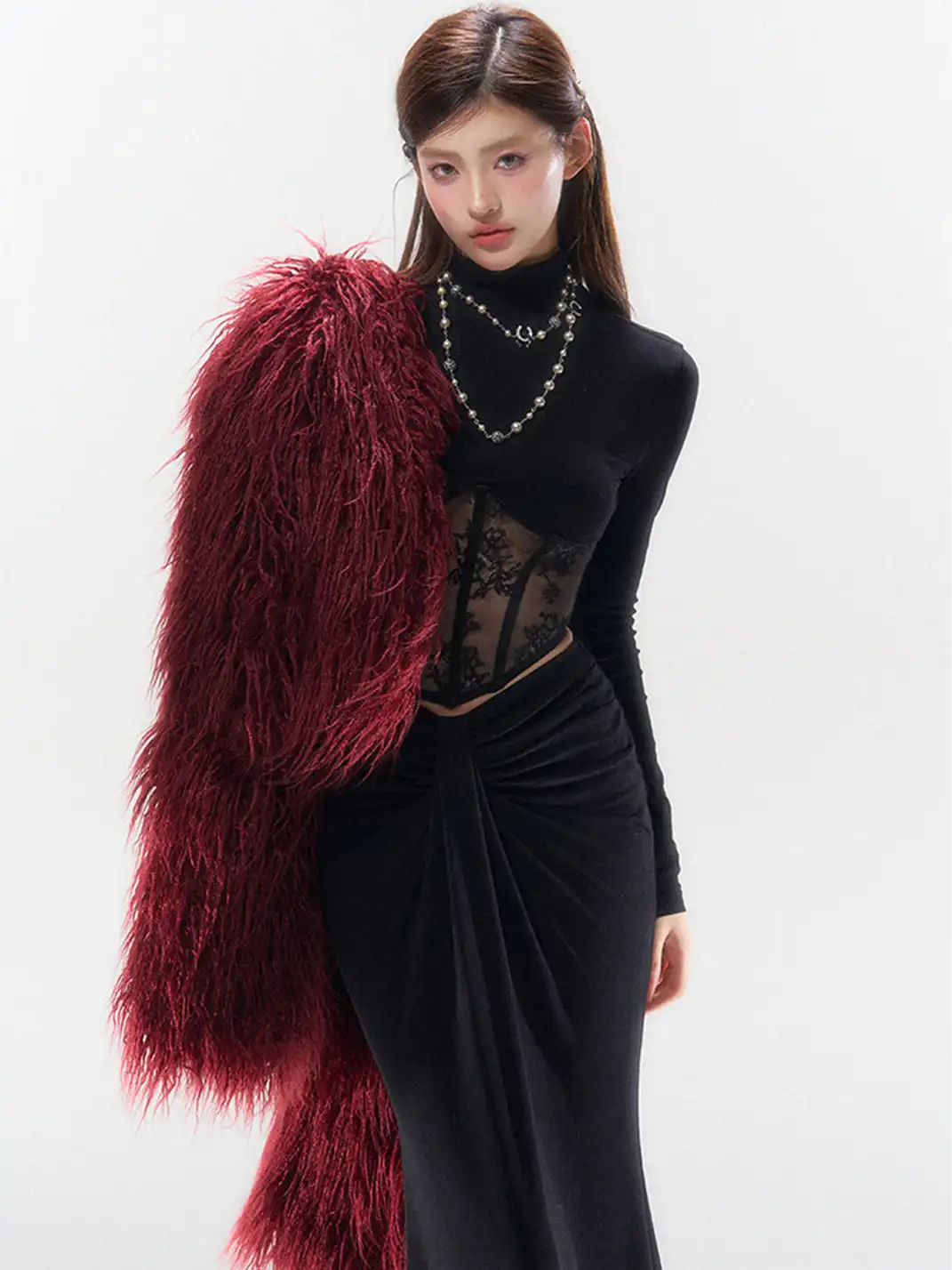 HiimDai | Mock Neck Lace Patchwork Fishbone Blouse