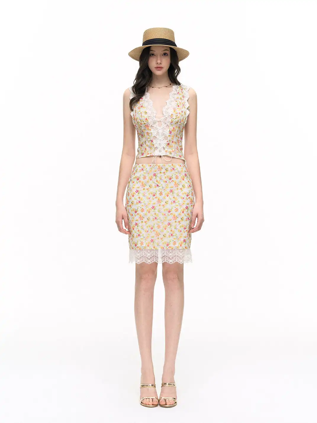 HiimDai | Floral Tie V-Neck Lace Cami Top & Skirt Set
