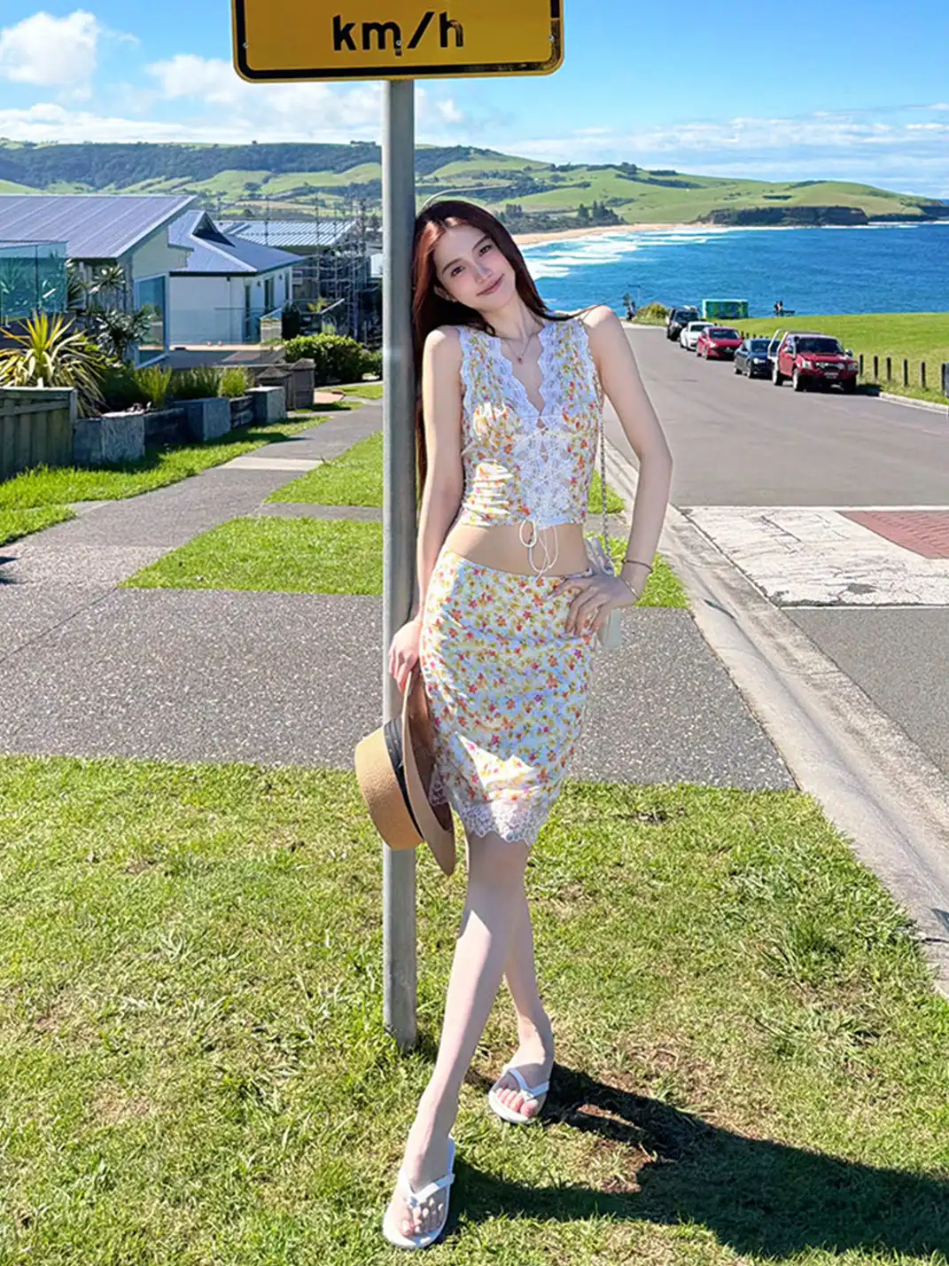 HiimDai | Floral Tie V-Neck Lace Cami Top & Skirt Set