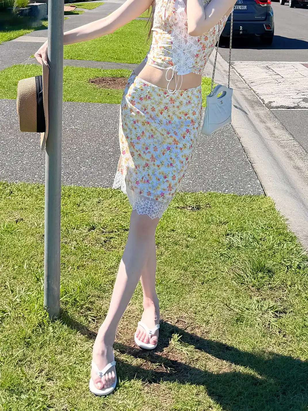 HiimDai | Floral Tie V-Neck Lace Cami Top & Skirt Set