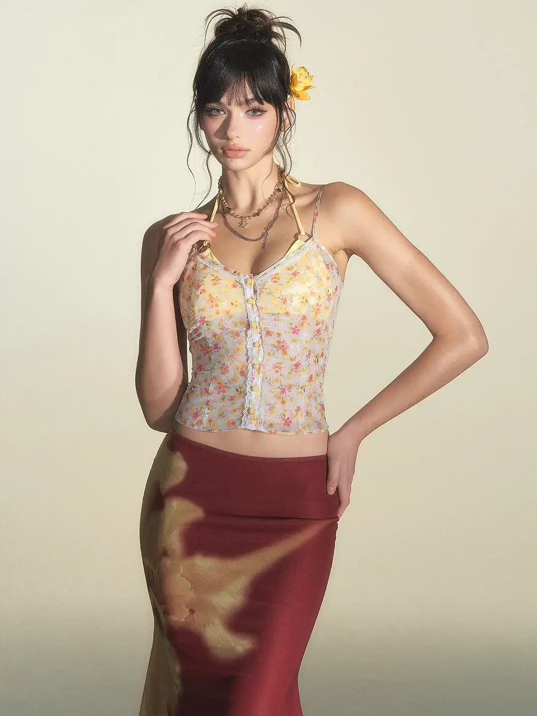 HiimDai | Floral Cami Top & Hip-Hugging Skirt Set