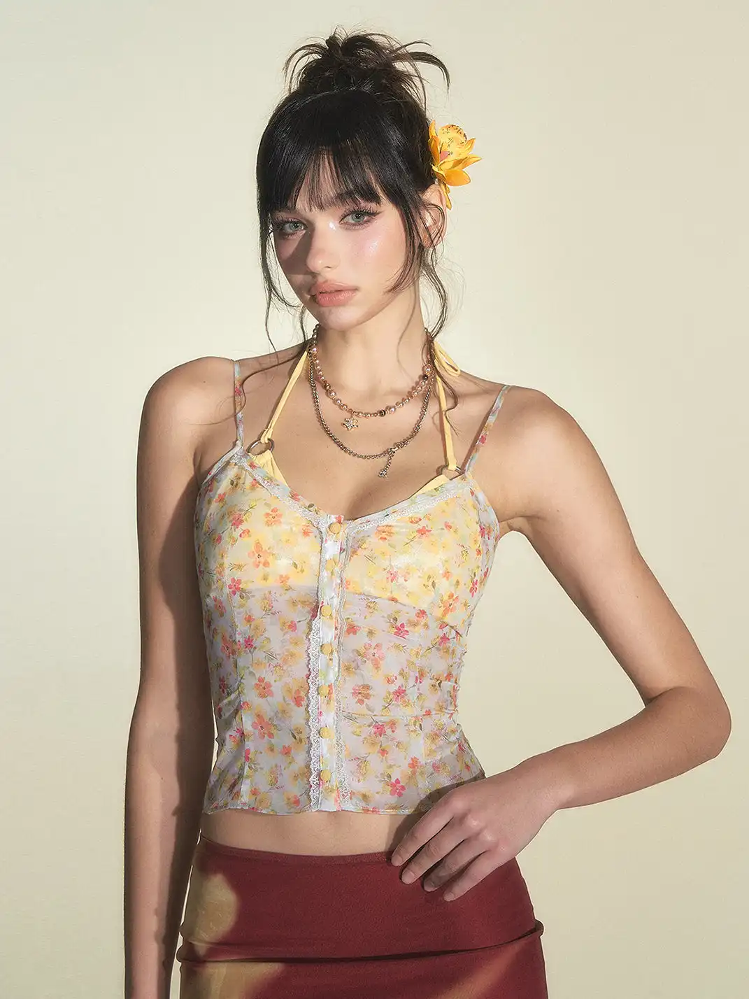 HiimDai | Floral Cami Top & Hip-Hugging Skirt Set