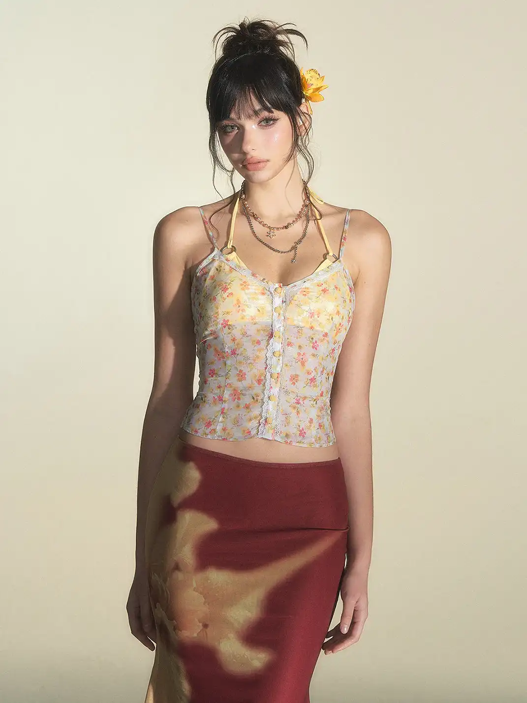 HiimDai | Floral Cami Top & Hip-Hugging Skirt Set