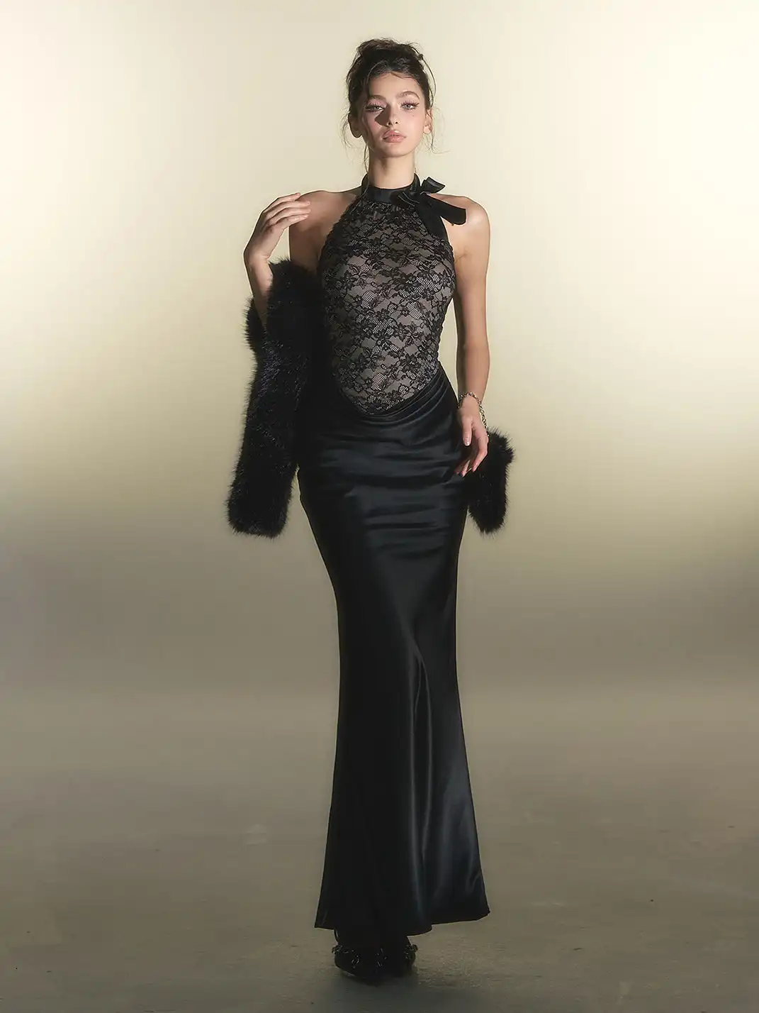 HiimDai | Lace Splicing Acetate Satin Dress