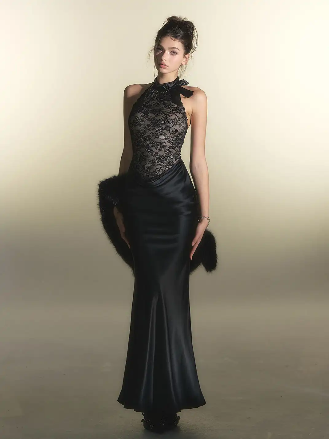 HiimDai | Lace Splicing Acetate Satin Dress