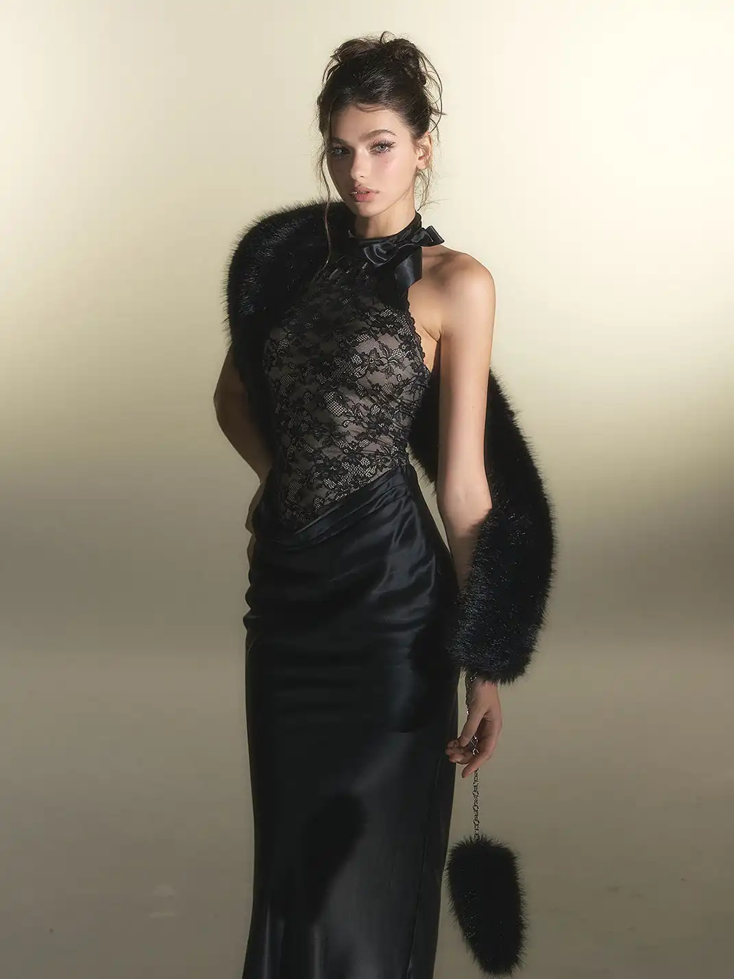 HiimDai | Lace Splicing Acetate Satin Dress