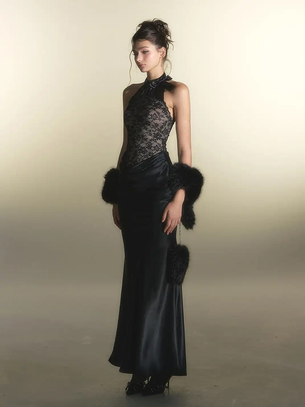 HiimDai | Lace Splicing Acetate Satin Dress