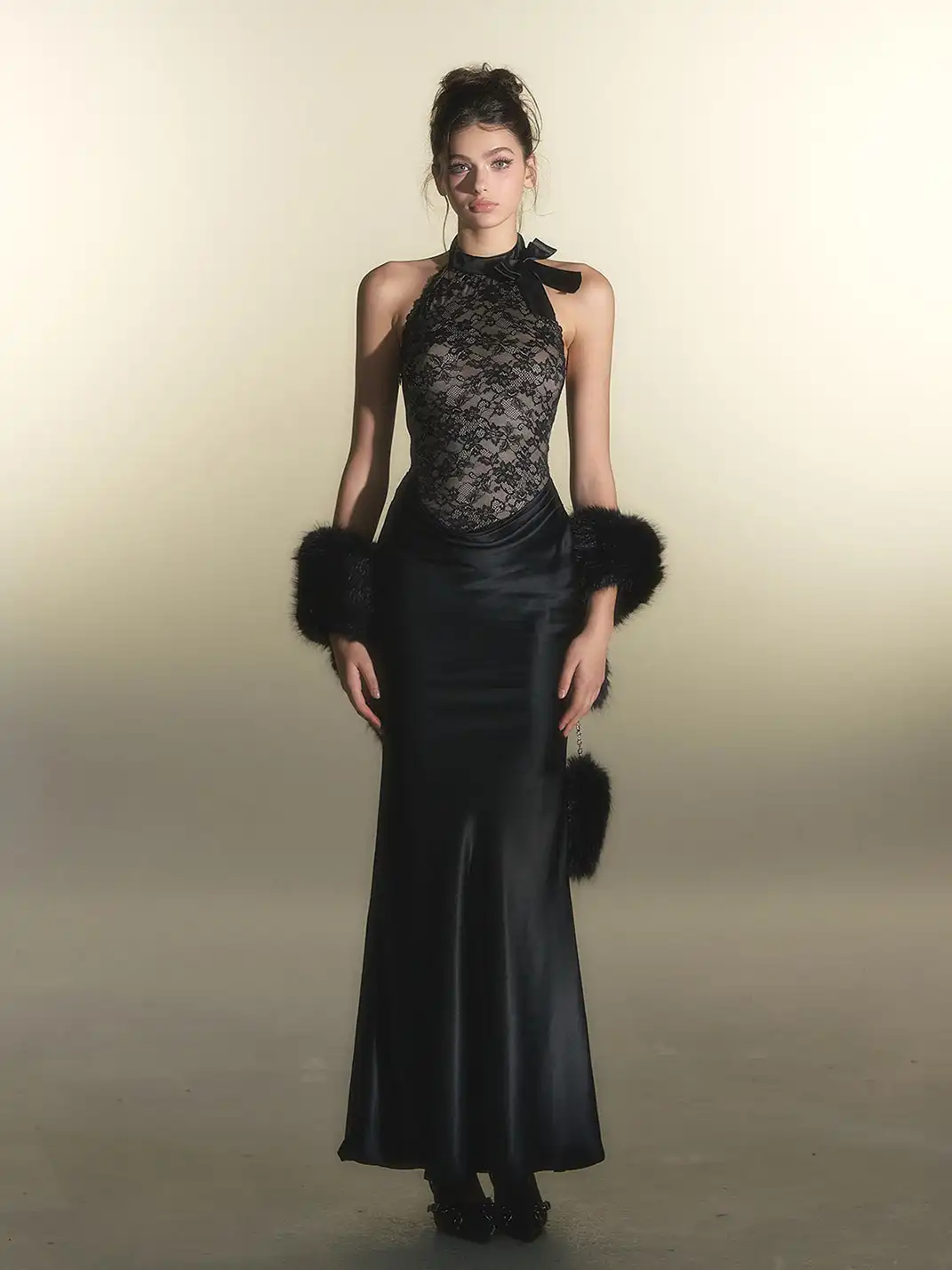 HiimDai | Lace Splicing Acetate Satin Dress