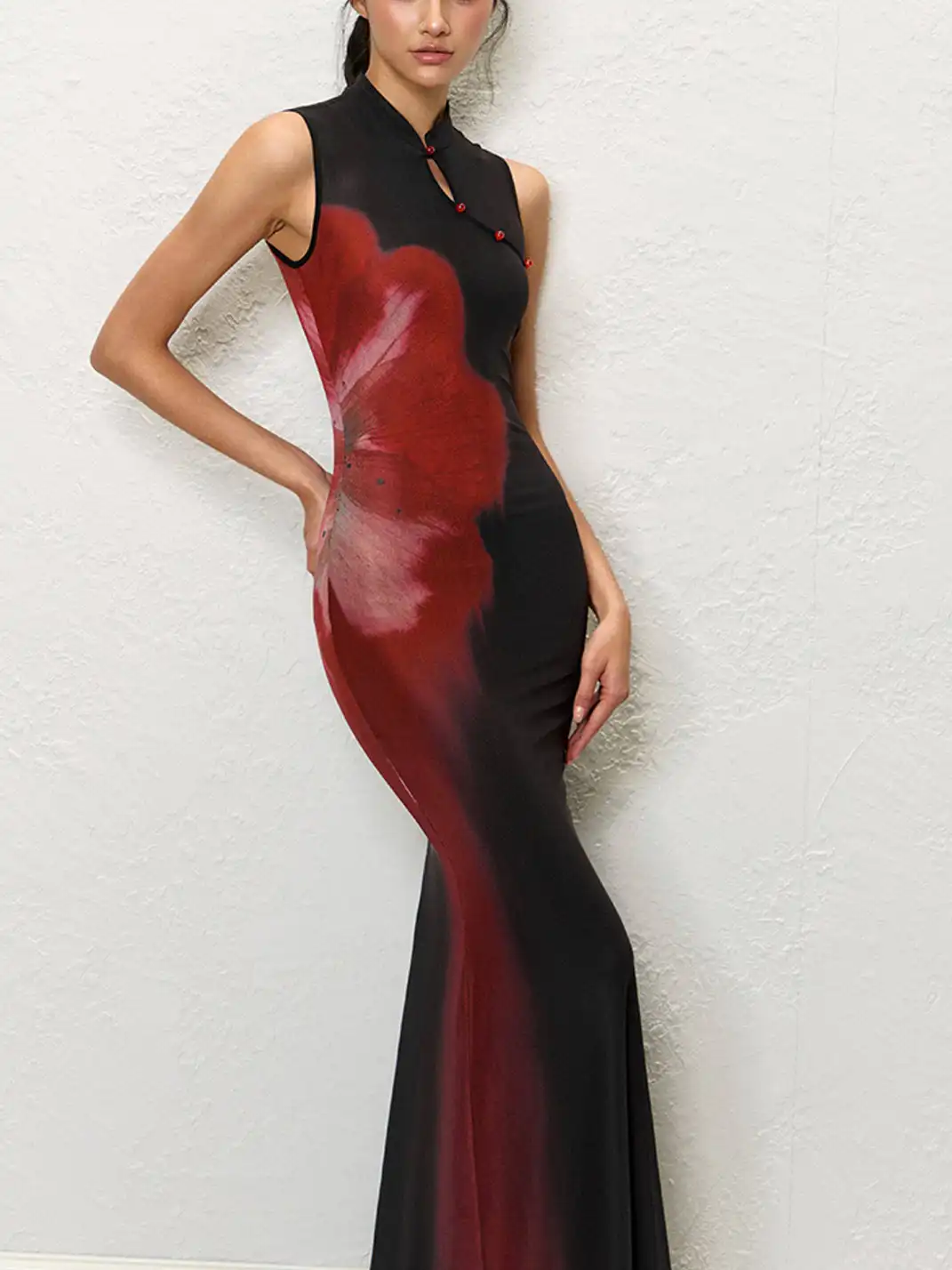 HiimDai | Chinese Style Block Print Waist Slim Qipao Dress