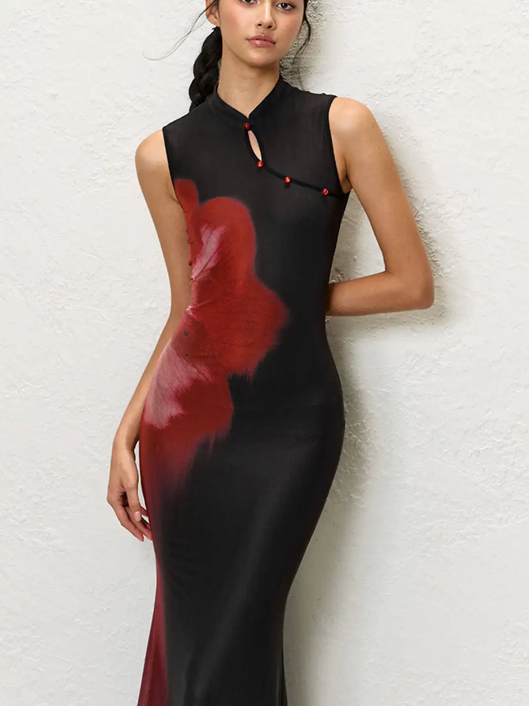 HiimDai | Chinese Style Block Print Waist Slim Qipao Dress
