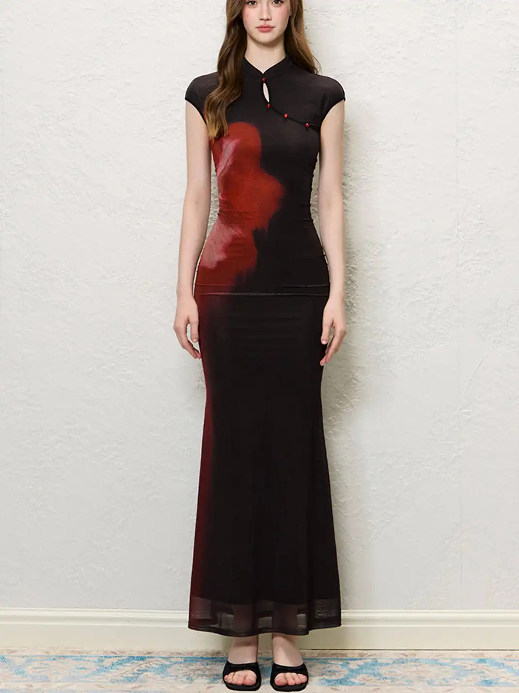 HiimDai | Chinese Style Block Print Waist Slim Qipao Dress