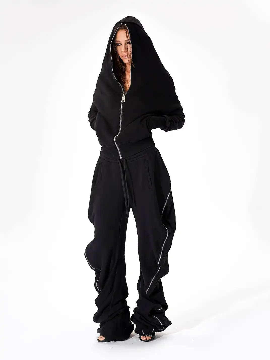 JUSTLIK3US | Zipper French Terry Slouchy Sleeve Hooded Sweatshirt