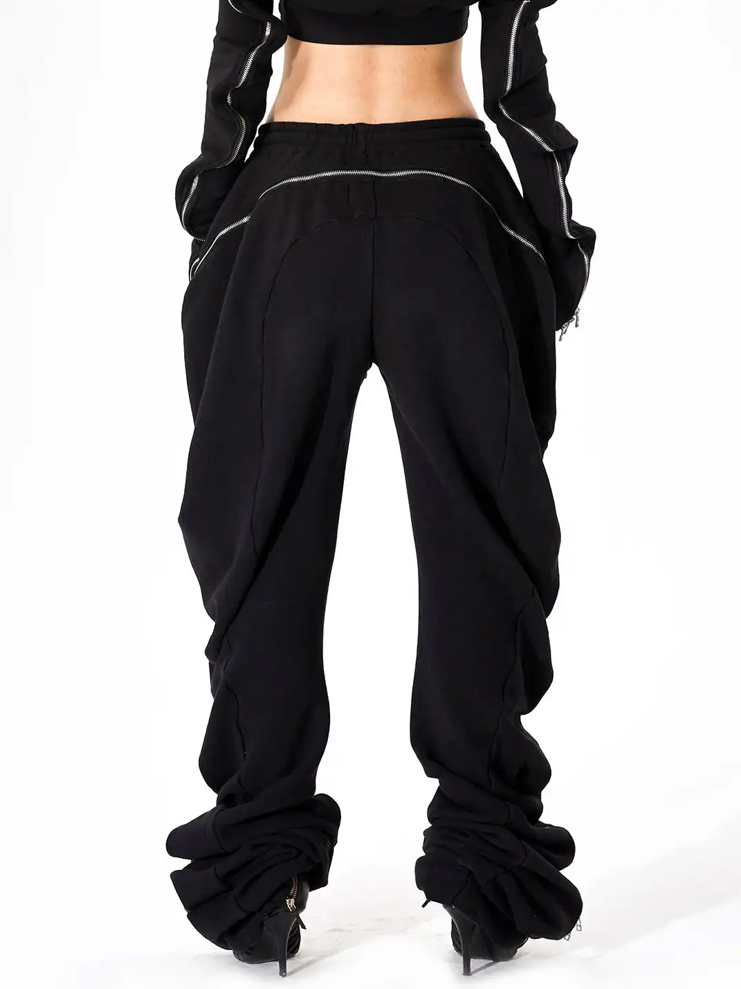 JUSTLIK3US | Zipper Decor Curved Wide Leg Sweatpants