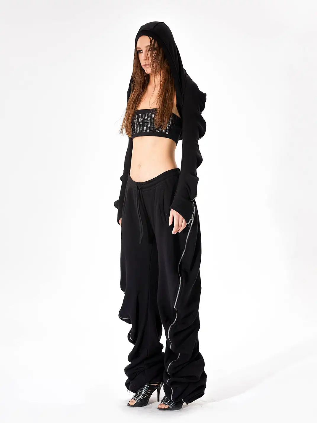 JUSTLIK3US | Zipper Decor Curved Wide Leg Sweatpants