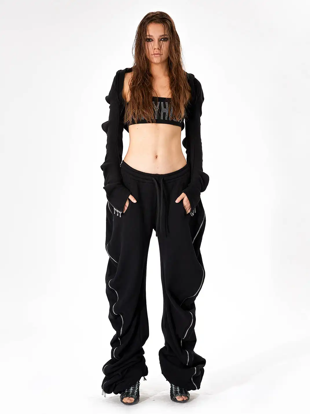 JUSTLIK3US | Zipper Decor Curved Wide Leg Sweatpants