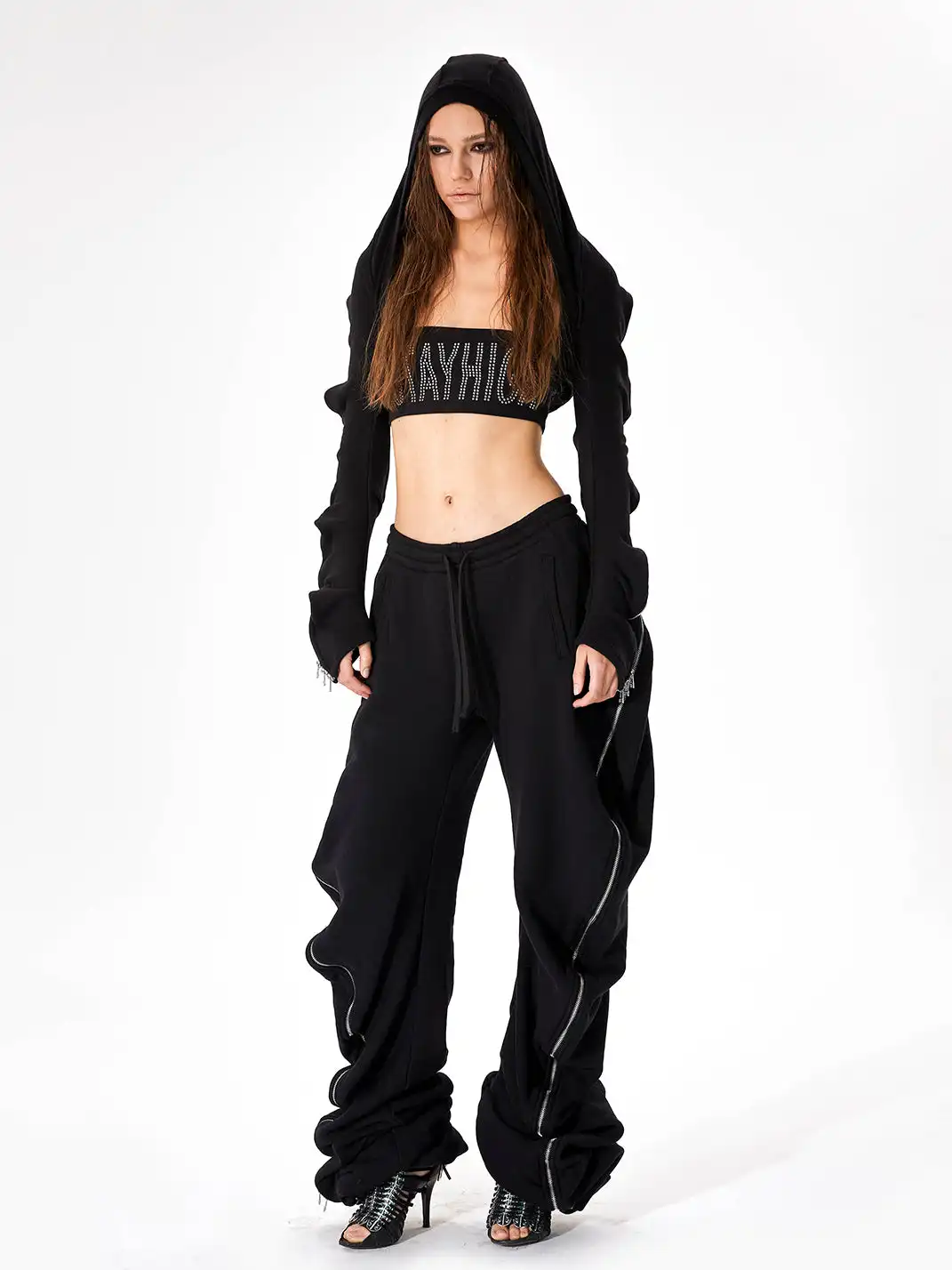 JUSTLIK3US | Zipper Decor Curved Wide Leg Sweatpants