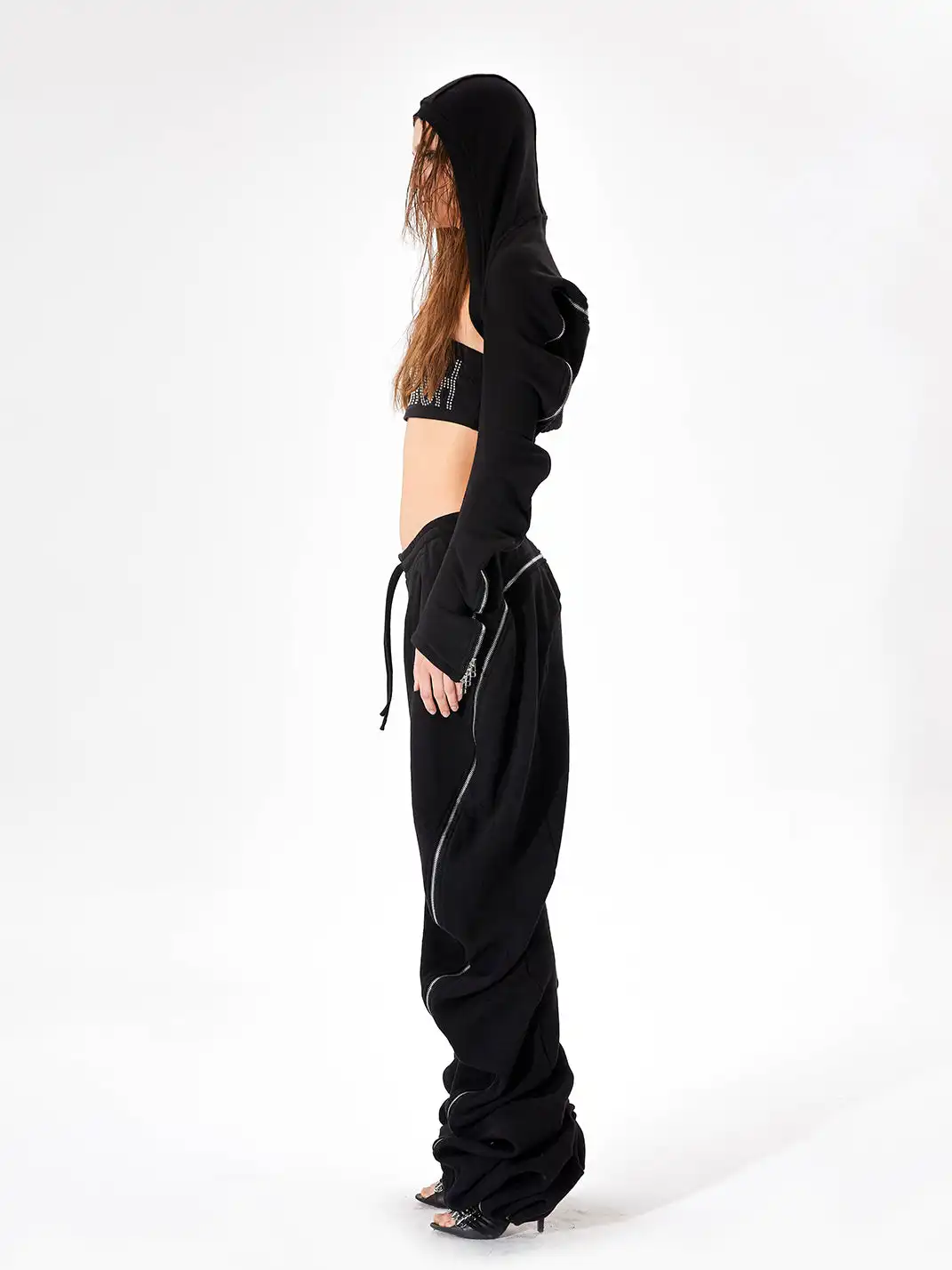 JUSTLIK3US | Zipper Decor Curved Wide Leg Sweatpants