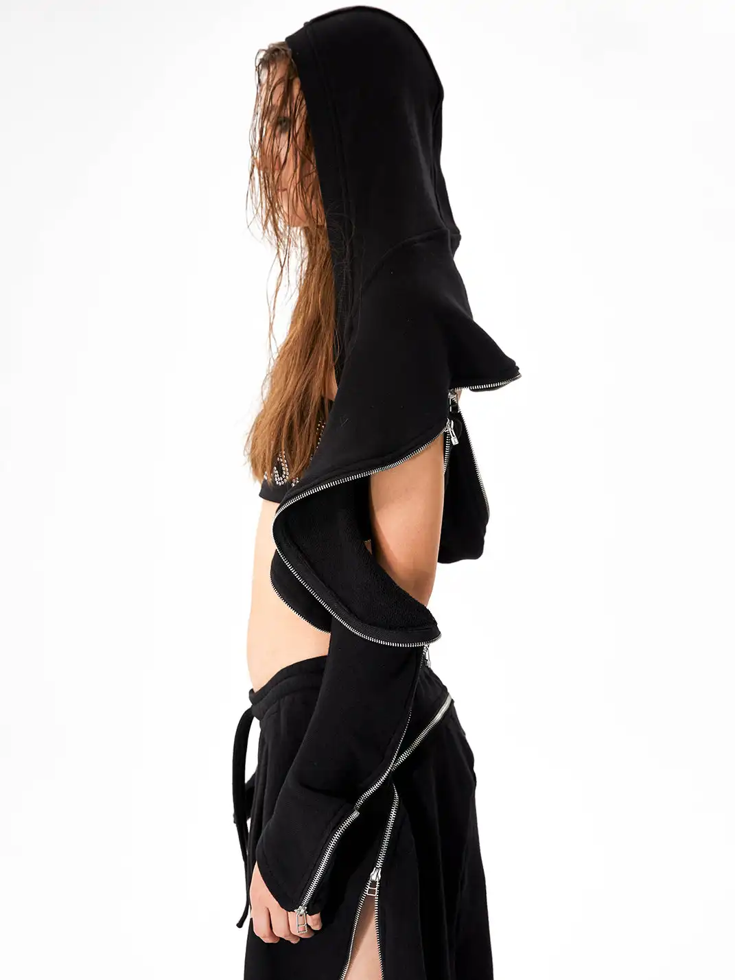 JUSTLIK3US | Hooded Curved Zipper Cardigan Short Sweatshirt