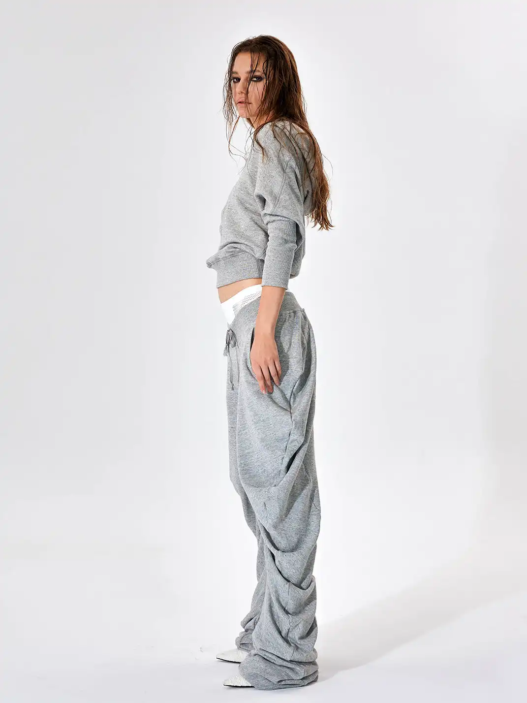 JUSTLIK3US | Drawstring Slouchy Curved Wide Leg Pants