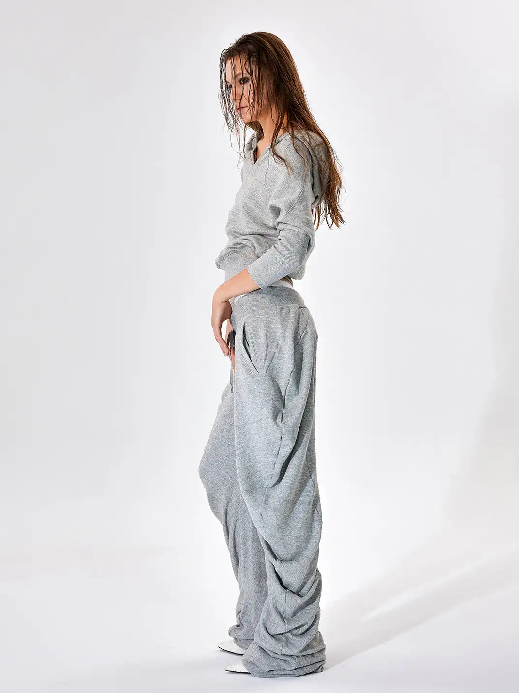 JUSTLIK3US | Drawstring Slouchy Curved Wide Leg Pants