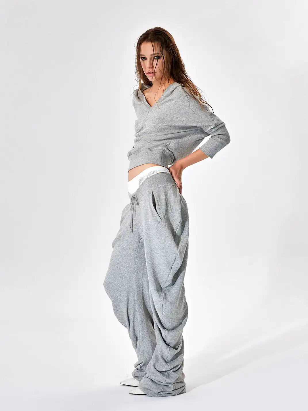 JUSTLIK3US | Drawstring Slouchy Curved Wide Leg Pants