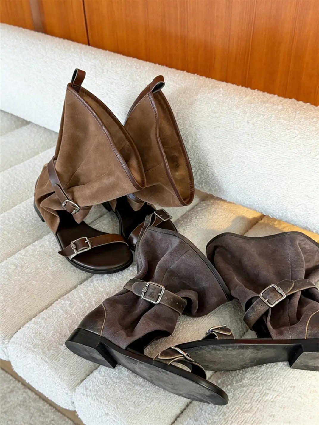 RONG | Low Heel Buckle Open Toe Sandal Boots