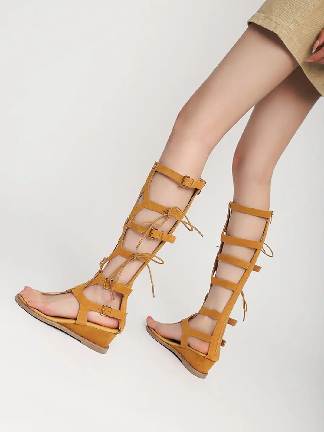 RONG | Lace-Up Bow Wedge Heel Roman Sandals