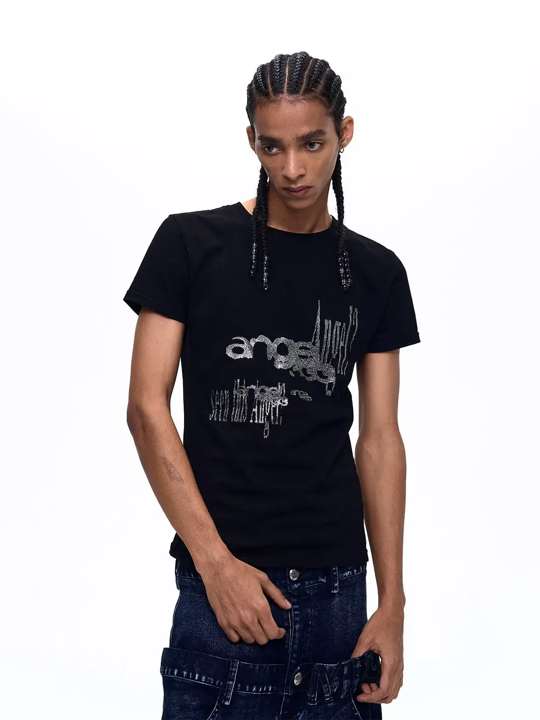 Fourth3ex | Shiny Silver Printed Square Shoulder T-shirt
