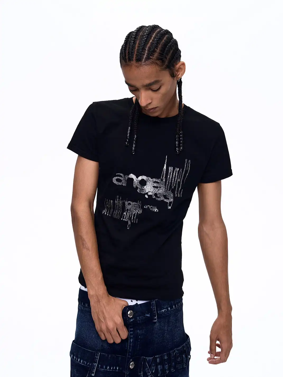 Fourth3ex | Shiny Silver Printed Square Shoulder T-shirt