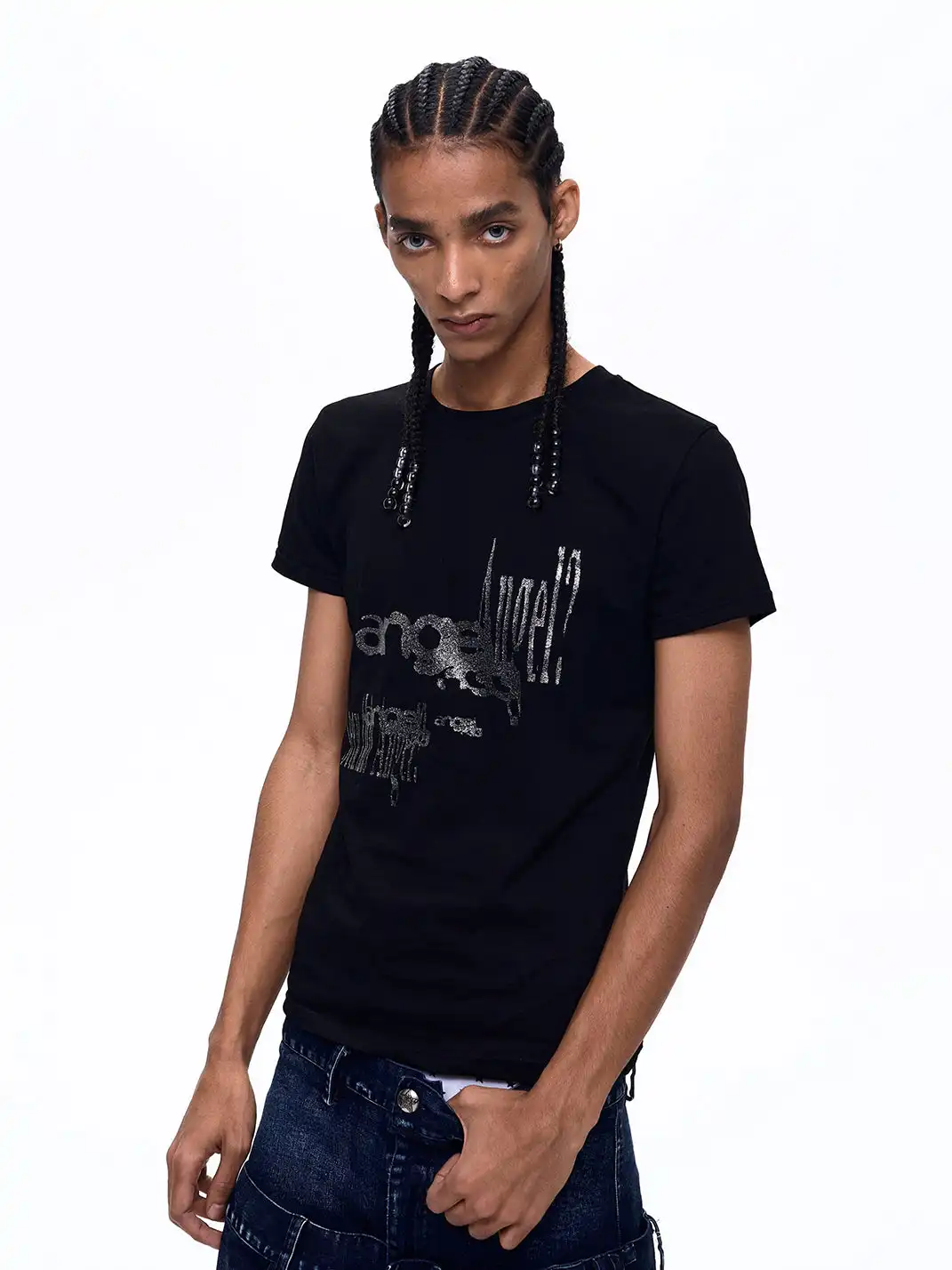 Fourth3ex | Shiny Silver Printed Square Shoulder T-shirt