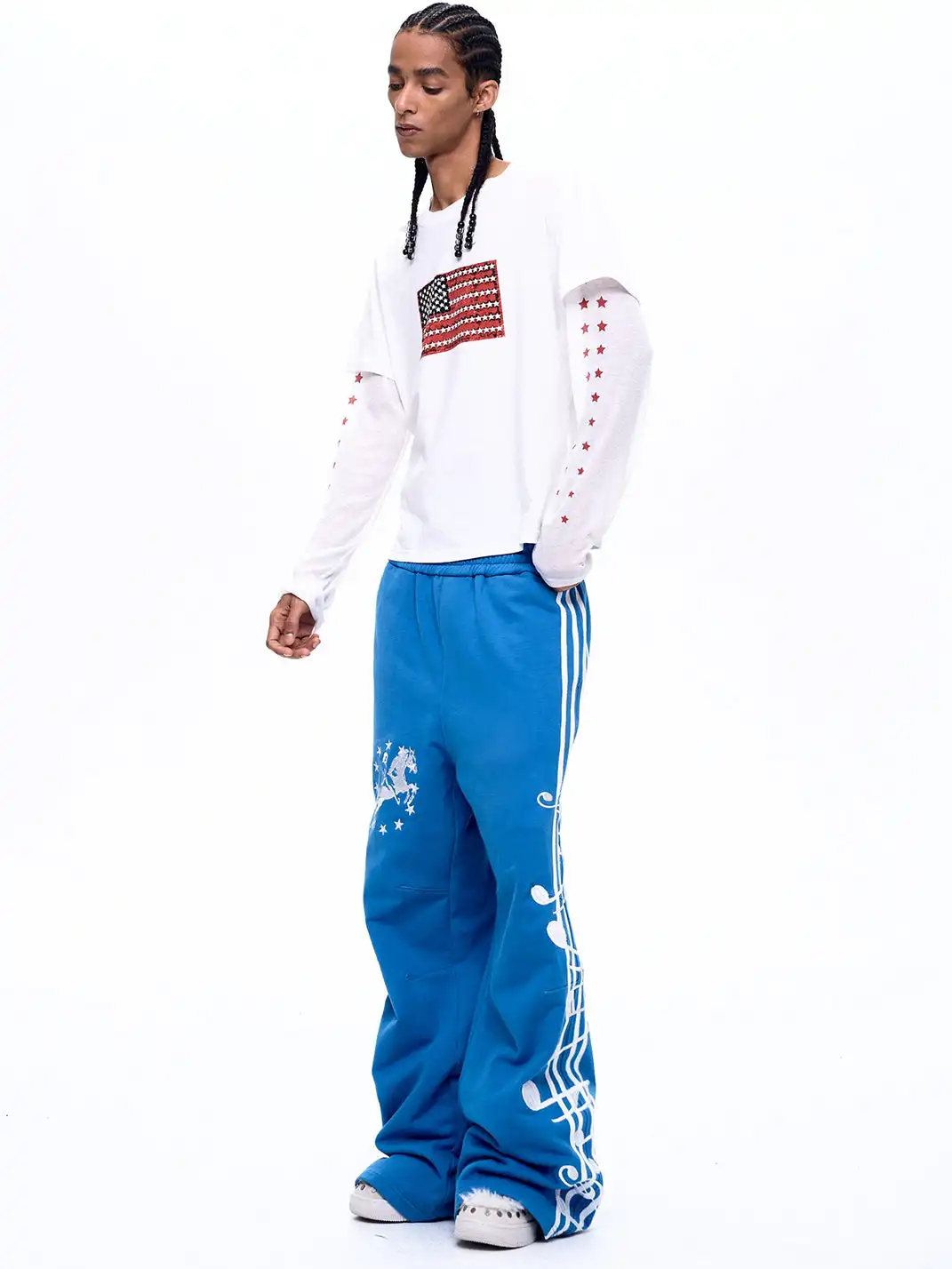 Fourth3ex | Staff Note War Horse Embroidered Sweatpants-Blue