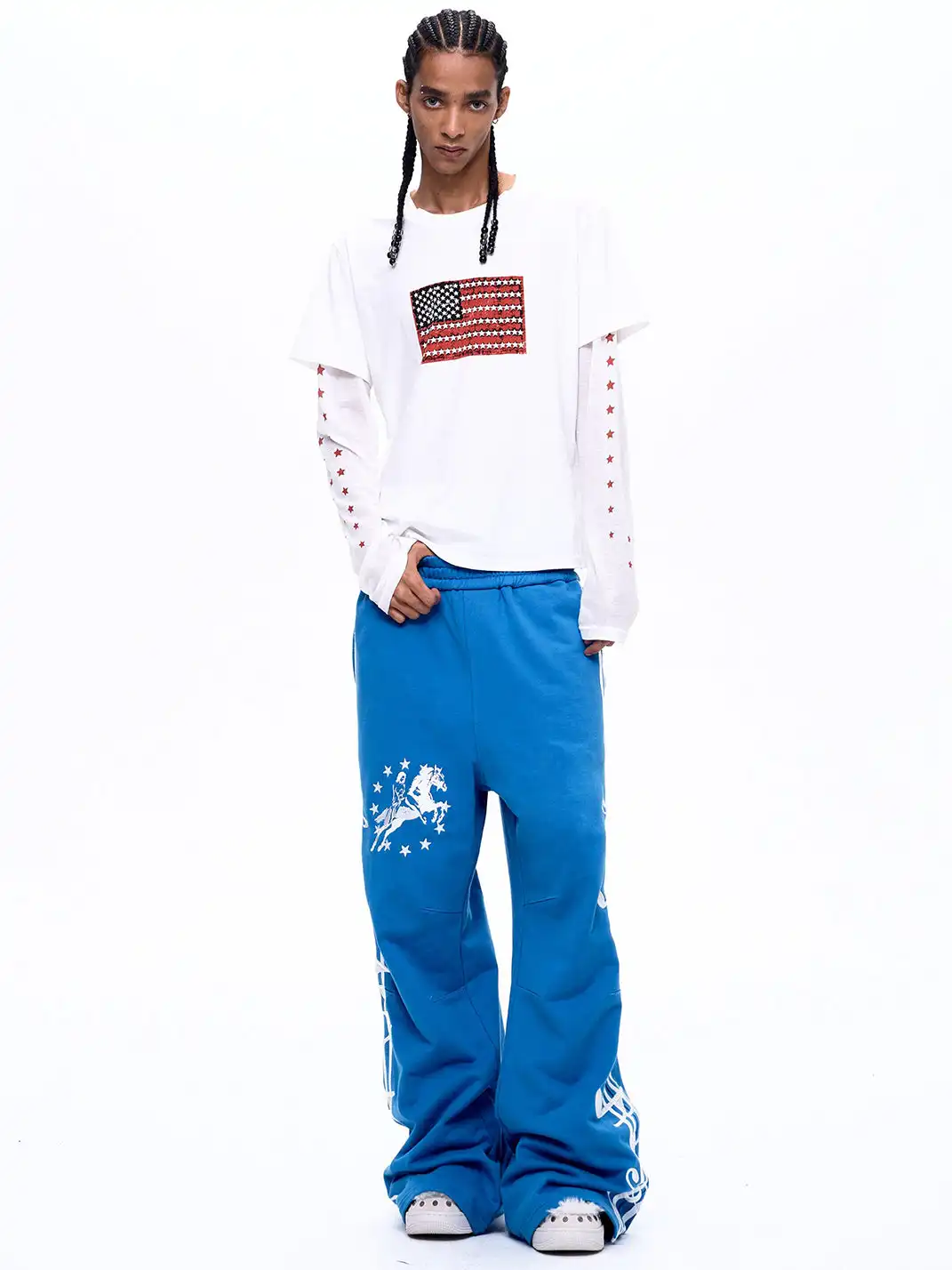 Fourth3ex | Staff Note War Horse Embroidered Sweatpants-Blue