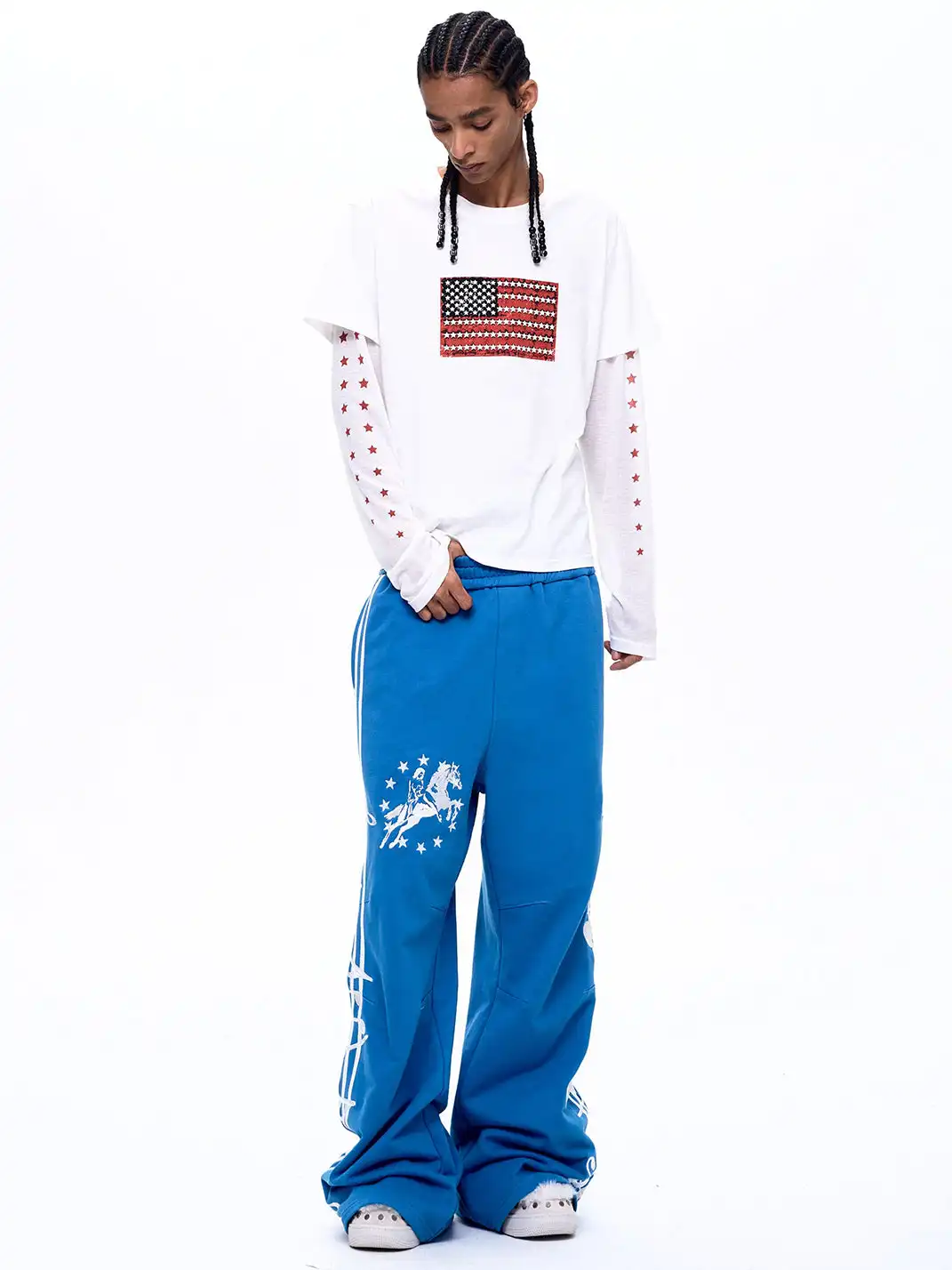 Fourth3ex | Staff Note War Horse Embroidered Sweatpants-Blue