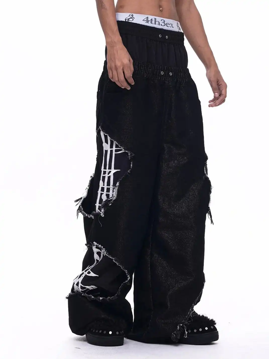 Fourth3ex | Distressed Double Waist Note Jeans