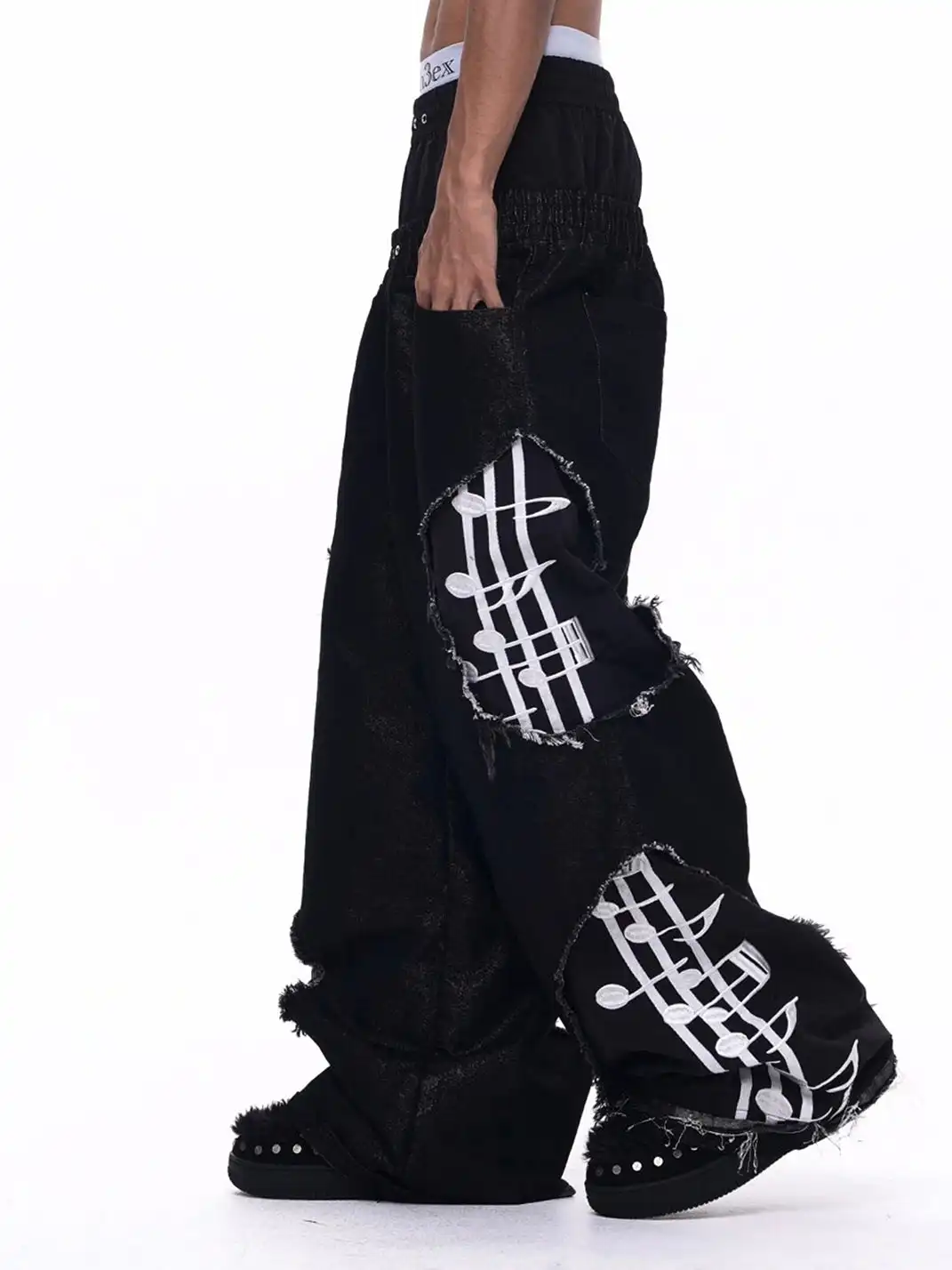 Fourth3ex | Distressed Double Waist Note Jeans