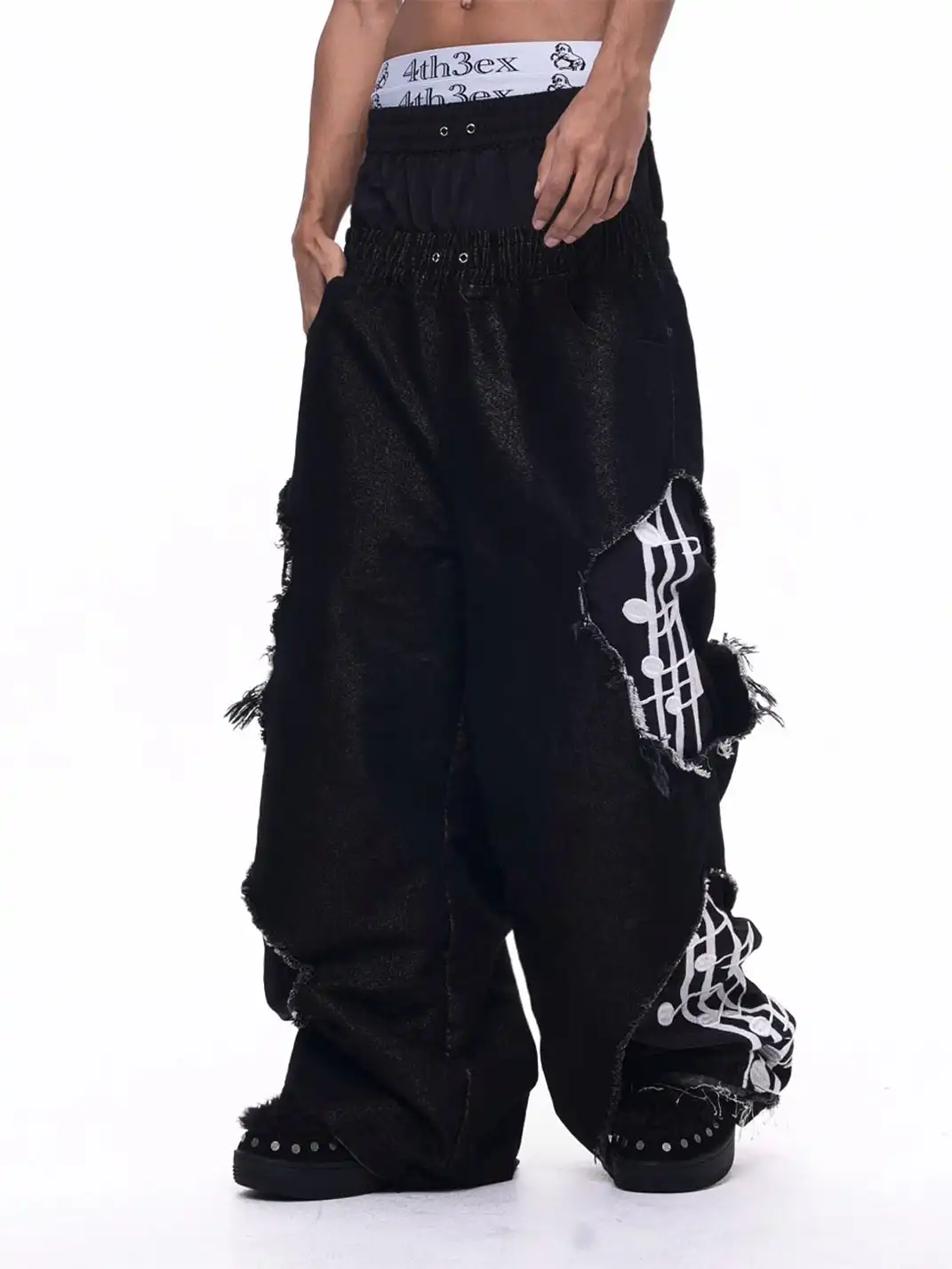 Fourth3ex | Distressed Double Waist Note Jeans