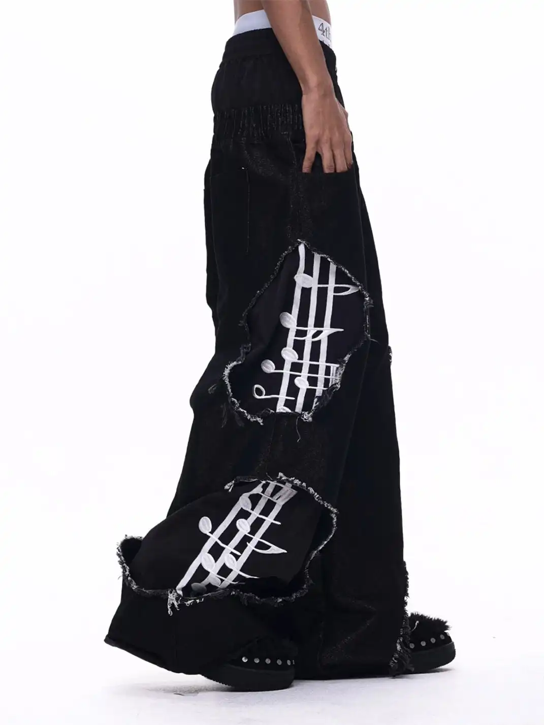 Fourth3ex | Distressed Double Waist Note Jeans